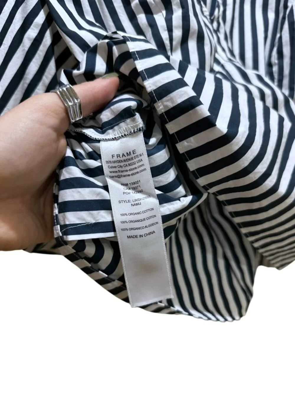 FRAME Puff Sleeve Organic Cotton Top Blouse Striped White and Blue